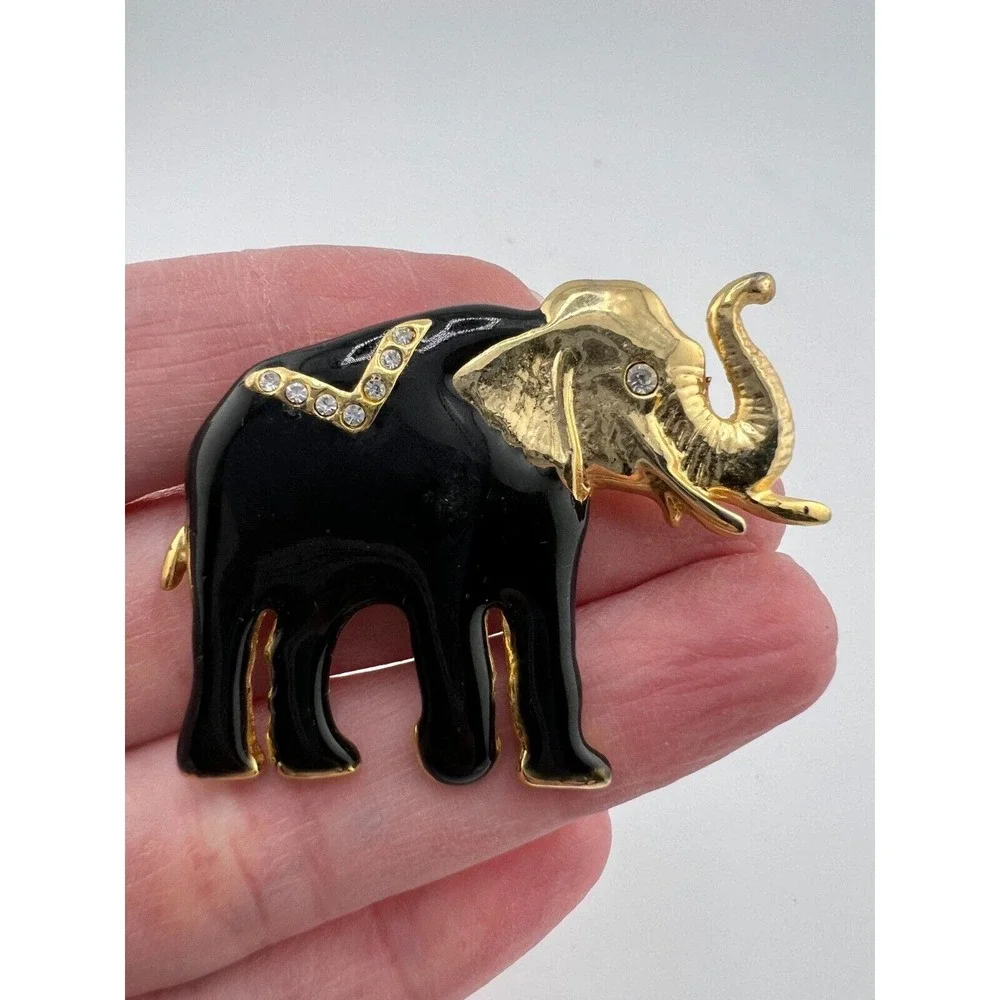Vintage Jet Black Matte‎ Enamel Rhinestone & Gold Tone Metal Elephant Brooch 90s